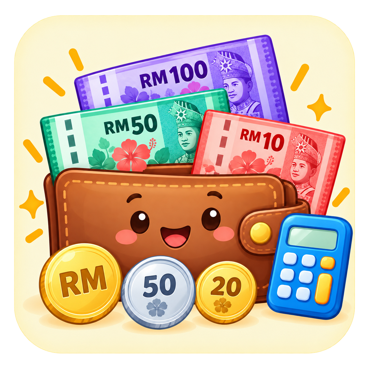 A wallet with Malaysian ringgit notes, coins, and a calculator
