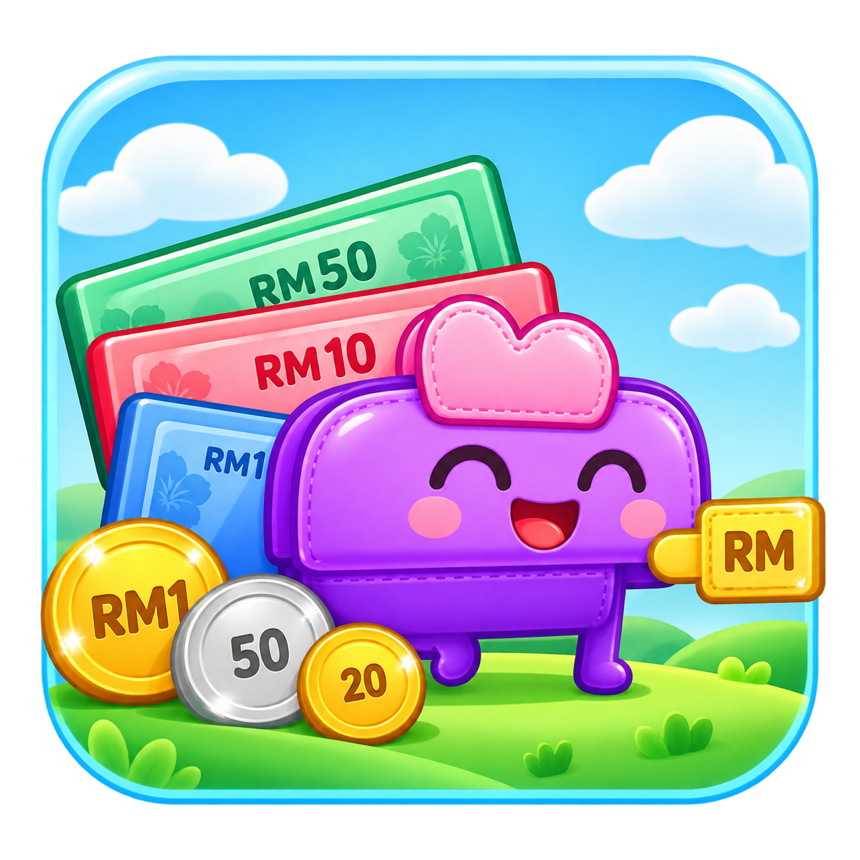 A smiling purple purse with Malaysian ringgit notes and coins
