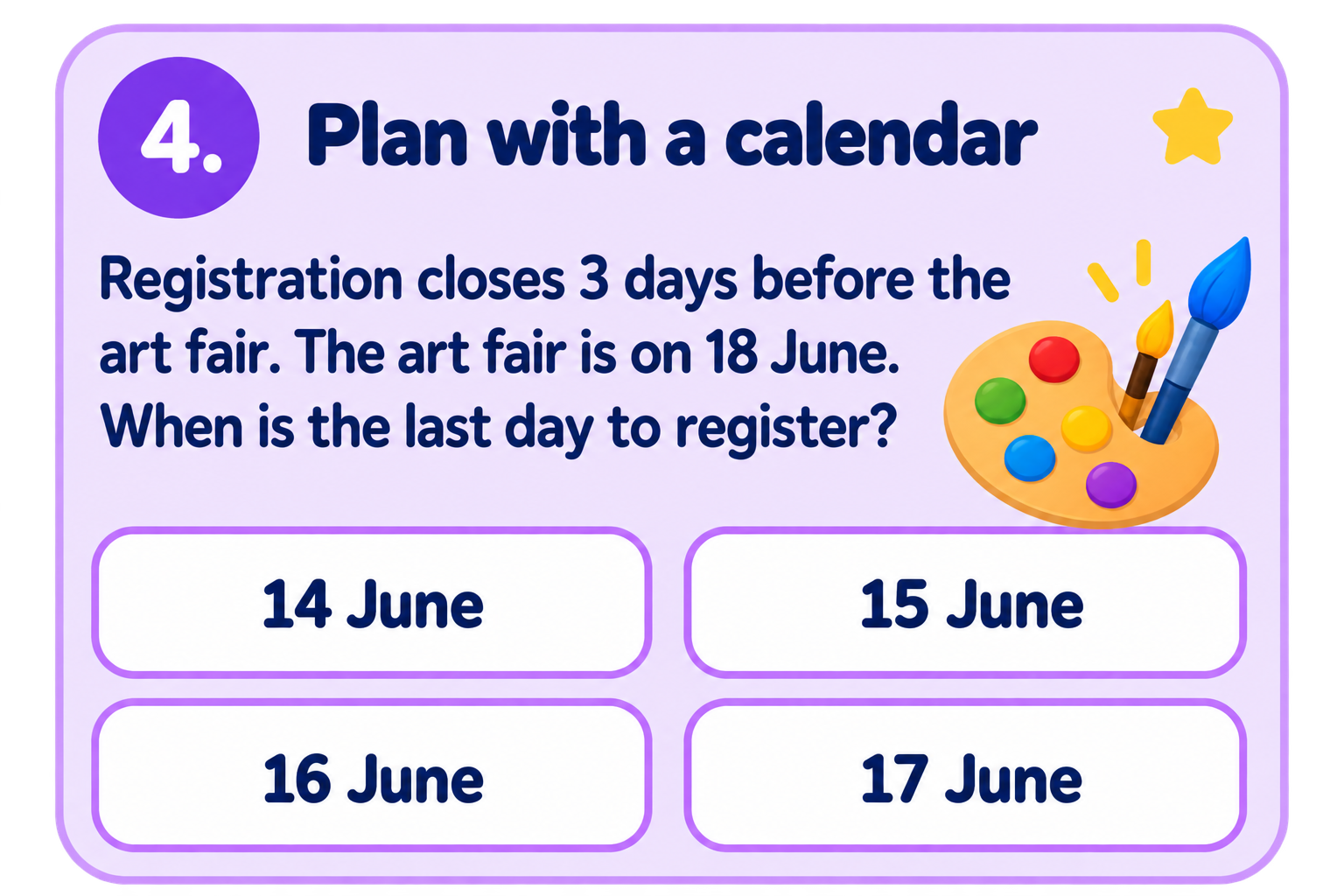 Plan with a calendar: registration closes 3 days before the art fair on 18 June. When is the last day to register?