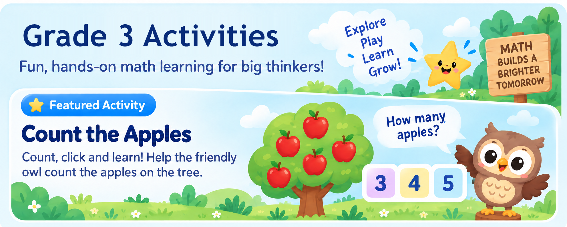 Grade 3 activities and featured Count the Apples activity