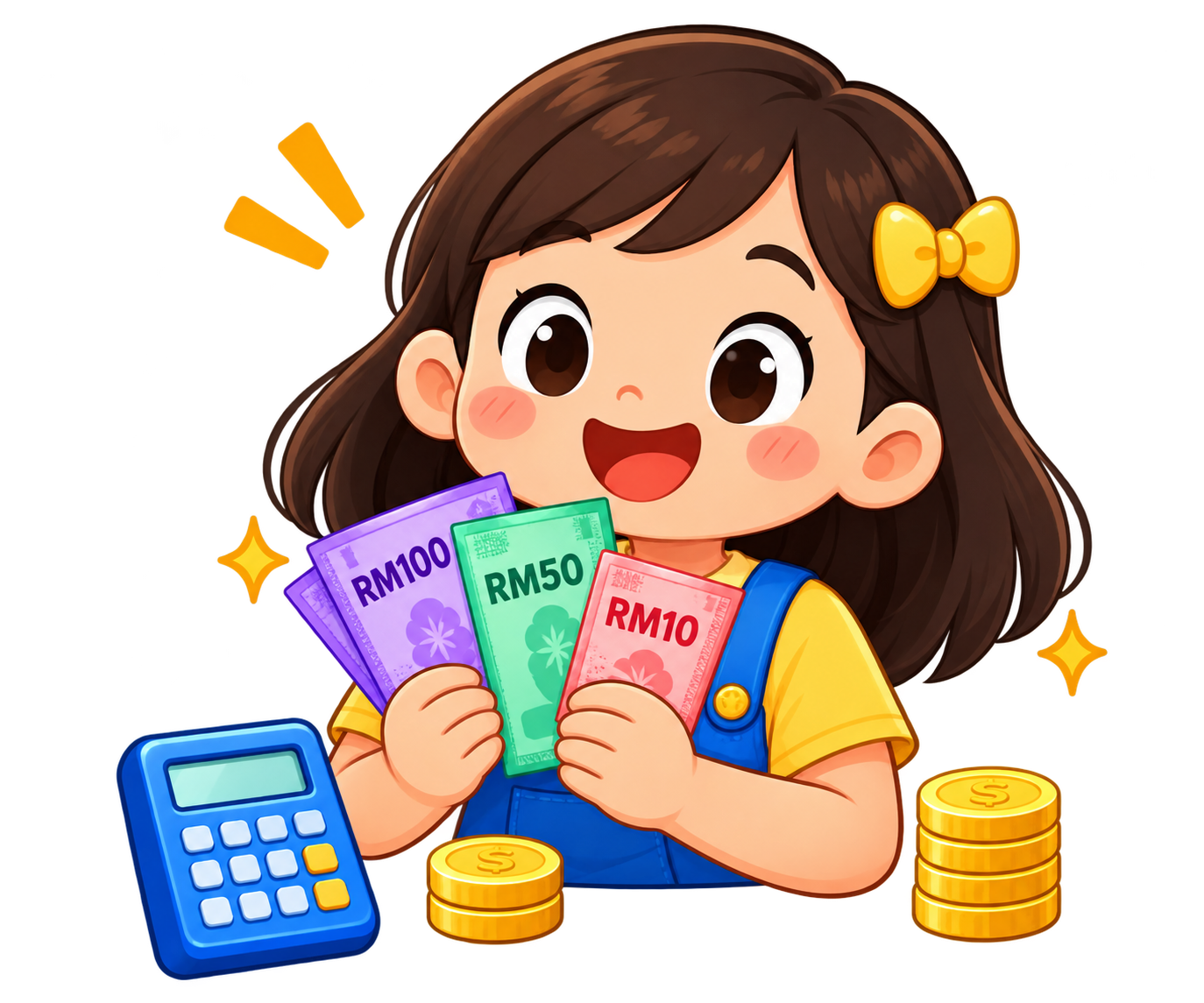Girl holding Malaysian banknotes with a calculator and coins