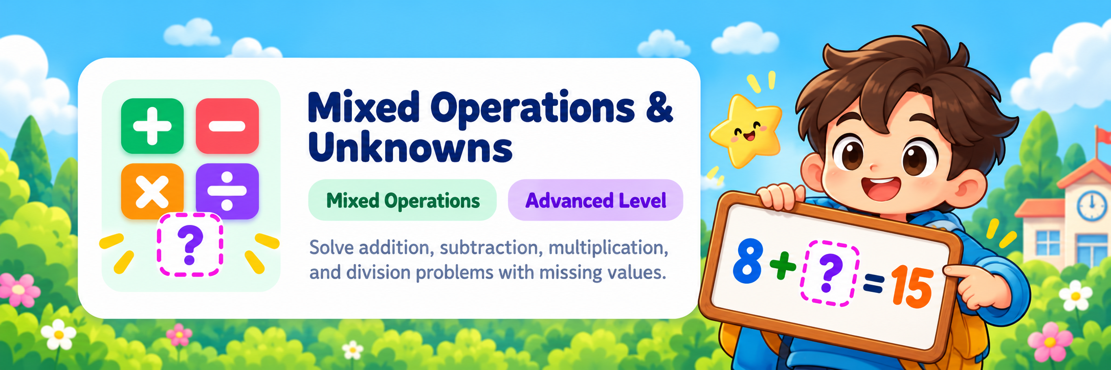 Mixed Operations and Unknowns: addition, subtraction, multiplication, and division with missing values.