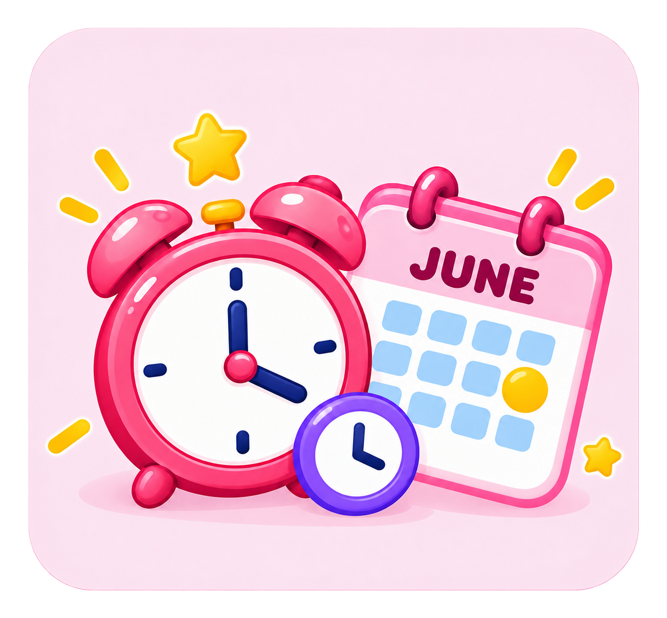 A pink alarm clock and June calendar with a small purple clock