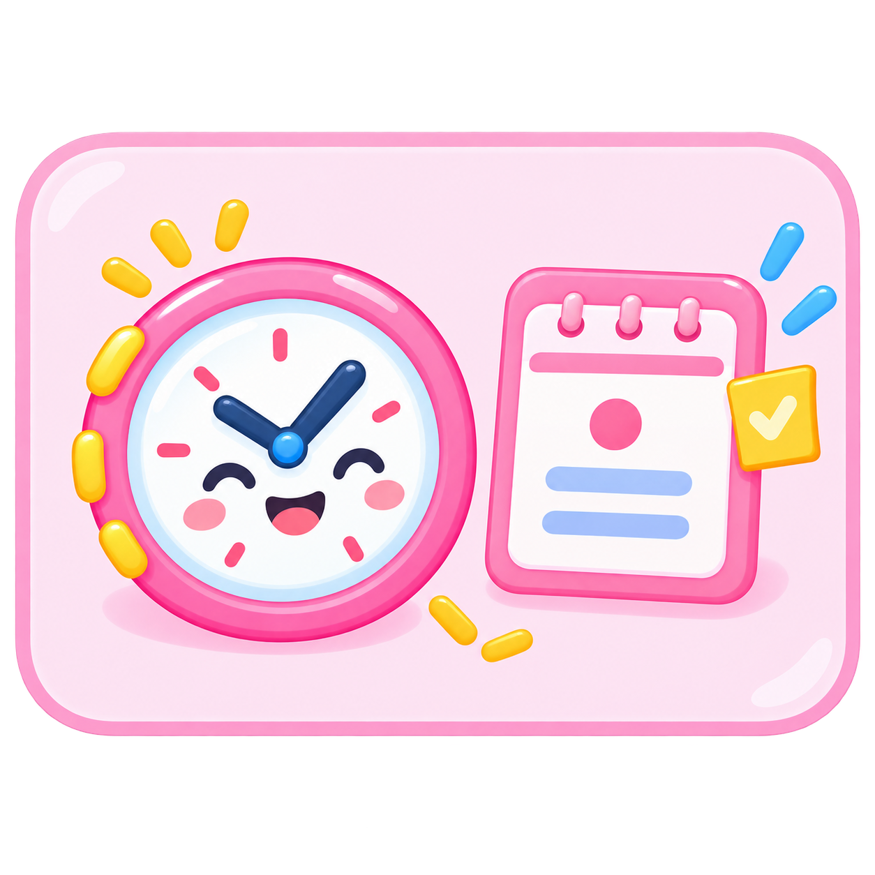 A smiling pink clock and calendar with a yellow check mark