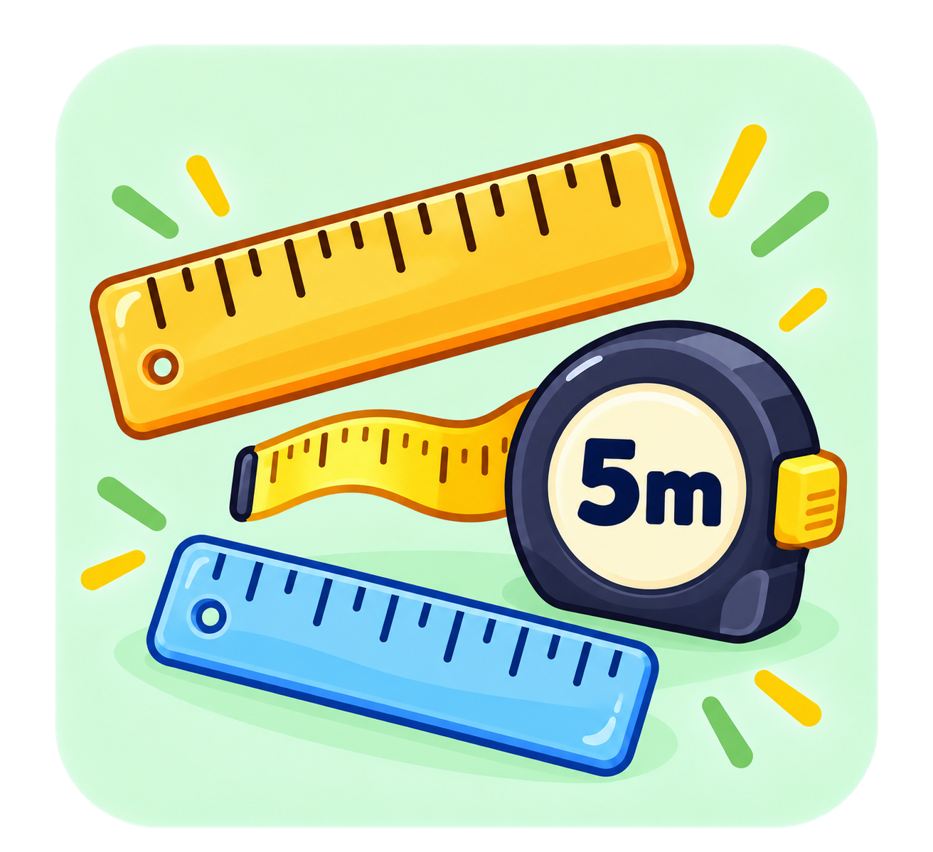 Yellow and blue rulers with a 5 metre tape measure