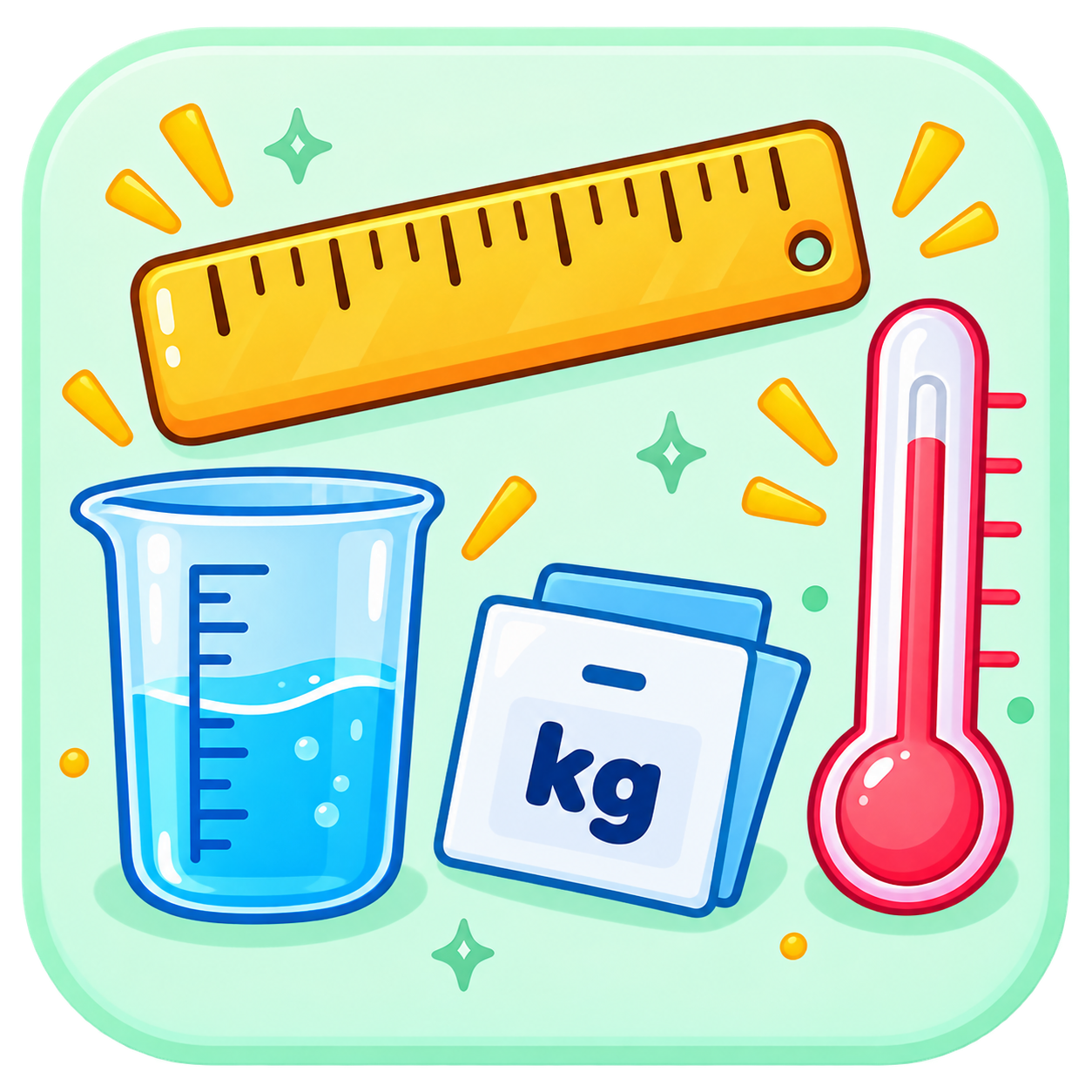 A ruler, measuring beaker, kilogram weight, and thermometer