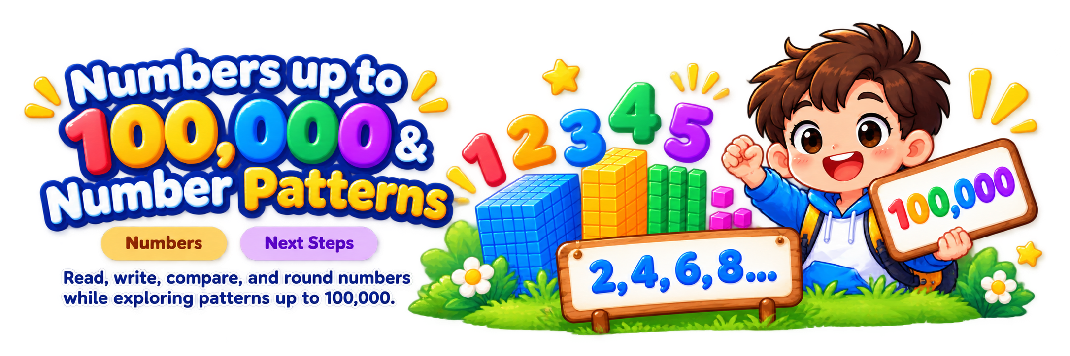 Numbers up to 100,000 and number patterns. Read, write, compare, and round numbers while exploring patterns up to 100,000.