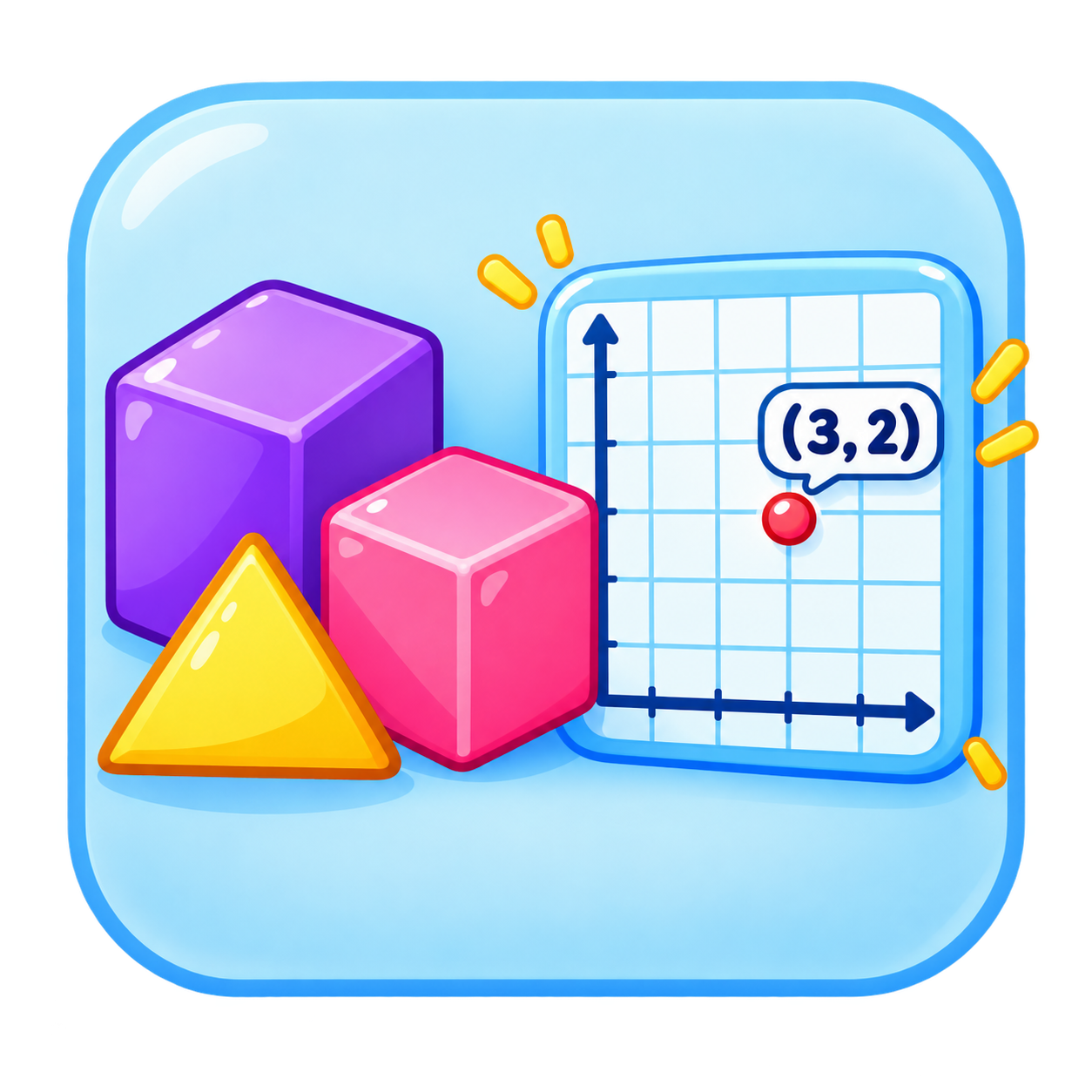Colourful geometric shapes beside a coordinate grid