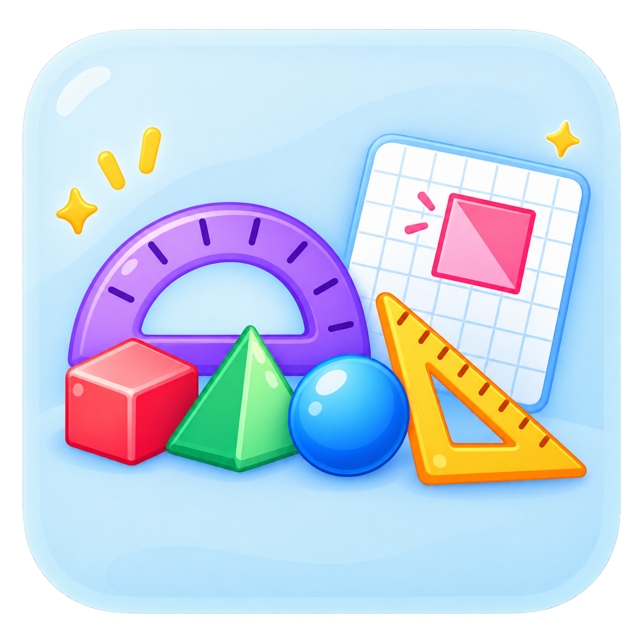 A purple protractor, set square, grid, and colourful geometric shapes